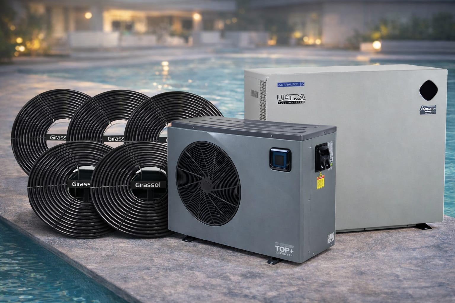 Sistema de aquecimento solar e elétrico para piscinas com placas Girassol e bomba inverter