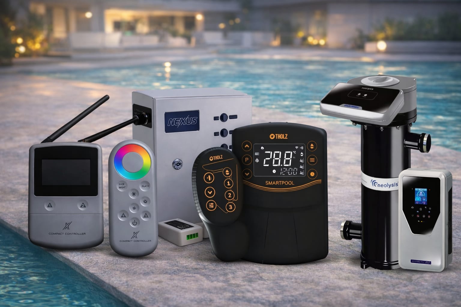 Sistema de automação inteligente com controles e remotos para piscina
