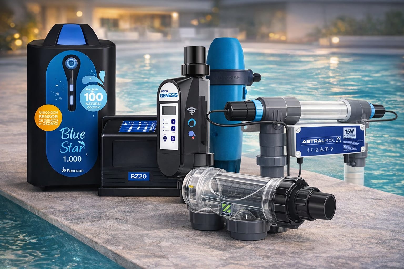Tratamento de água alternativo com ozônio Blue Star, UV Astralpool e gerador de cloro